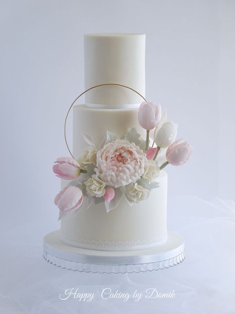 Wedding Cake A hoop wedding cake with a sugar peony and tulips. Creative Wedding Cakes, Romantic Wedding Cake, Floral Wedding Cakes, Amazing Wedding Cakes, White Wedding Cakes, Simple Wedding Cake, White Wedding Cake, Elegant Wedding Cakes, Wedding Cake Inspiration