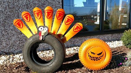 Tire Art | Performance Tire & Auto Service Halloween Tire Decorations, Jeep Crafts, Tire Decor, Tire Decoration, Recycle Tires, Tire Ideas, Tire Projects, Tractor Decor, Poppy Tutorial