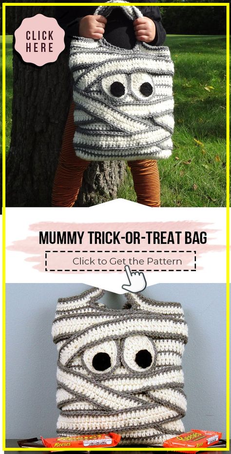 crochet Mummy Trick-or-Treat Bag easy pattern - Easy Crochet Bag Pattern for Beginners. Click to Try the Pattern #Bag #crochetpattern #crochet via @shareapattern.com Sac Halloween, Crochet Pour Halloween, Crochet Mignon, Confection Au Crochet, Halloween Candy Bags, Mummy Bag, Easter Crochet Patterns, Halloween Crochet Patterns, Crochet Fall