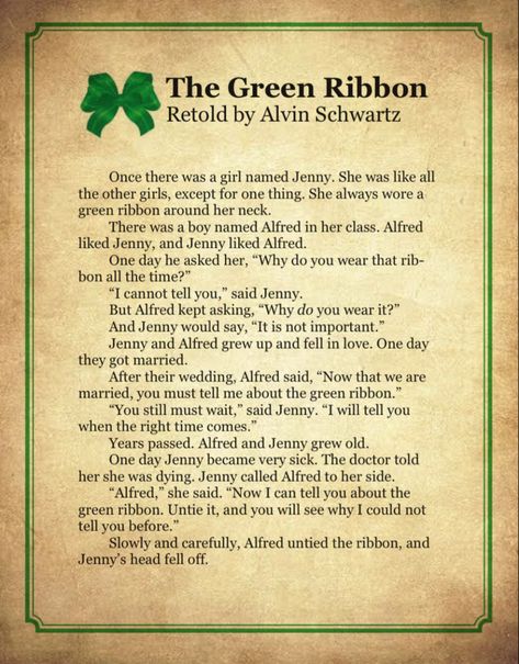 The Green Ribbon Story, Zombie Story Ideas, Two Line Horror Story, Green Ribbon Girl, The Green Ribbon, Fear Book, Short Horror Stories, Blink Blink, Ash Blonde Hair Colour