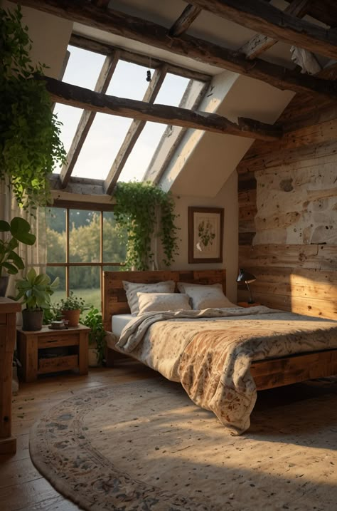 Countryside Aesthetic Interior, Minimalist Tropical House, Countryside House Interior, Cozy Rustic Bedroom, Cozy Attic Bedroom, Dream House Bedroom, Small Sunroom, Rustic Bedroom Design, Layered Bedding