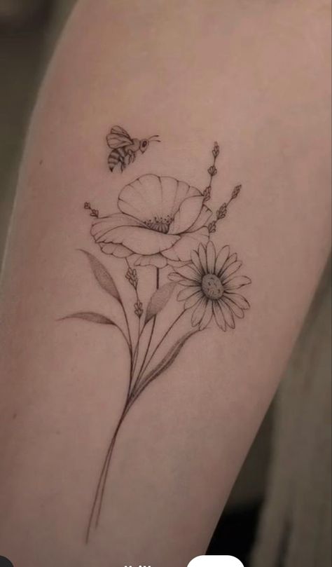 Simple Wildflower Tattoo Designs, Tulip And Daisy Tattoo, Meadow Flowers Tattoo, Poppy And Daisy Tattoo, Daisy And Poppy Tattoo, Daisy Fine Line Tattoo, Tatoos Woman Chest, Upper Chest Tattoo Female, Little Flower Tattoo