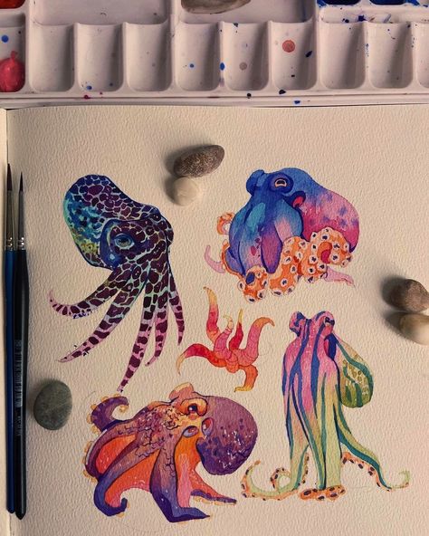 Cute Octopus Art, Advanced Art Projects, Cute Octopus Drawing, Octopus Drawings, Draw An Octopus, Octopus Watercolor Painting, Octopus Sketch, With Them, Watercolor Octopus