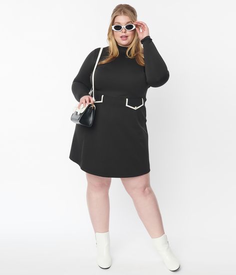 Smak Parlour Plus Size Black Mock Turtleneck Wave Maker Dress – Unique Vintage Black Mock Turtleneck, Dresses Materials, Plus Size Black Dresses, Plus Size Cosplay, 1960s Outfits, Retro Style Dress, Vintage Inspired Fashion, Plus Size Black, Long Sleeve Knit Dress