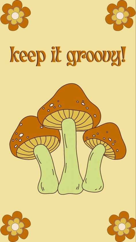 Yellow Mushroom Wallpaper, Aesthetic Groovy Wallpaper, Orange Mushroom Drawing, Groovy Mushroom Wallpaper, Yellow Mushroom Art, Orange Mushroom Aesthetic, Yellow Mushroom Aesthetic, Aesthetic Mushroom Wallpaper, Groovy Aesthetic 70s