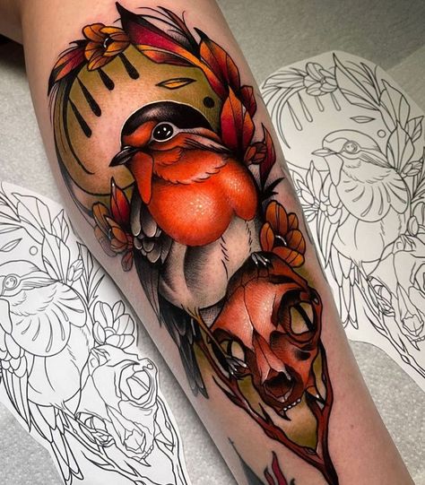 Robin & skull by Wesley Whistler, a neo traditional artist working at Lilly’s Ink in Breukelen, Netherlands. Neo Traditional Tattoo Ideas, Traditional Tattoo Reference, Robin Tattoo, Traditional Tattoo Inspiration, Traditional Tattoo Ideas, Tatuaje A Color, Traditional Tattoo Design, Traditional Tattoo Flash, Tattoo Videos