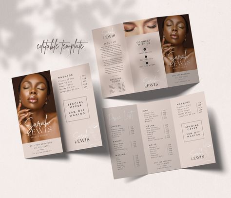 Minimalist Trifold Brochure Template, Editable Beauty Salon Price List, Printable Spa Pamphlet Price List Medspa Menu Of Services, Salon Leaflet Design, Make Up Price List Design, Price List Esthetician, Flyer Design Beauty Salon, Spa Brochure Design Inspiration, Beauty Menu Design, Brochure Design Minimalist, Beauty Salon Branding Design