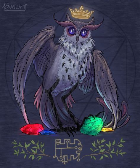 @suviridian on Instagram: “Ever seen that picture of an owl with really long legs and a crown on his head? That's 𝙋𝙧𝙞𝙣𝙘𝙚 𝙎𝙩𝙤𝙡𝙖𝙨, a demon originating from the…” Old Grimoire, Owl Demon, Prince Stolas, Monster Boy, Demon Art, Creatures Of The Night, Monster Design, Angels And Demons, Owl Art