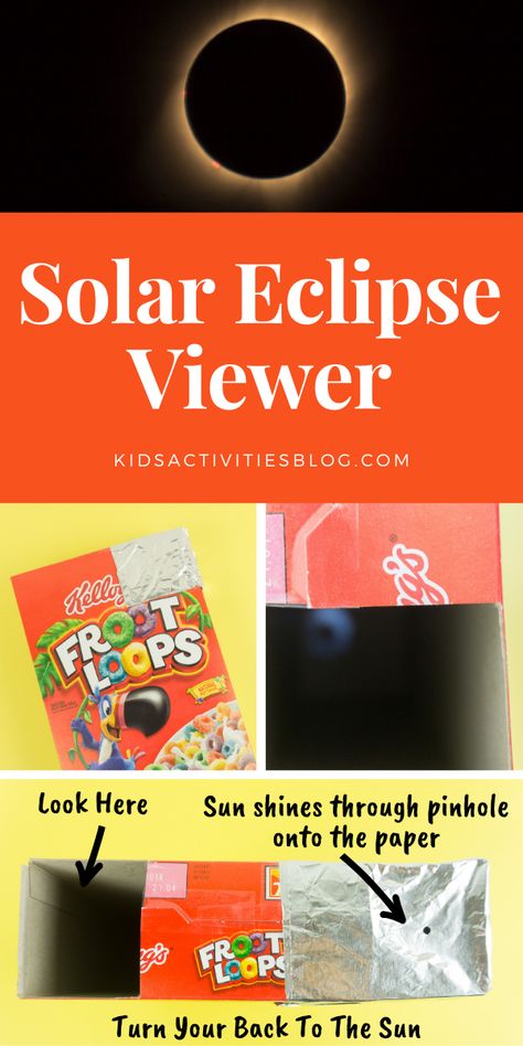 Just in time for the next solar eclipse, these step by step instructions show kids how to build a viewing device to watch the solar eclipse in a safe way. All you need is a cereal box, foil, white paper, scissors and tape! Ways To View A Solar Eclipse, Cereal Box Solar Eclipse Viewer, How To Watch Solar Eclipse, Eclipse Viewer How To Make, Eclipse Activities For Kids, Eclipse Crafts, Solar Eclipse Kids, How To Make Cereal, Eclipse Ideas