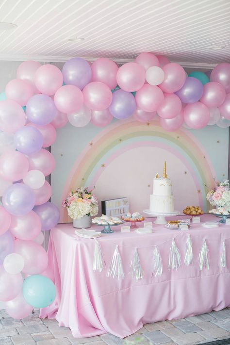 Unicorn Birthday Party Aesthetic, Magical One First Birthday, One Magical Year Birthday, Purple Unicorn Birthday Party, Magical One Birthday Party, Unicorn Princess Party, Four Ever Magical Birthday, Unicorn 6th Birthday Party, Unicorn Birthday Party Backdrop