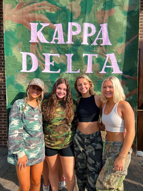 #sorority #kappadelta #knoxville #tennessee #vols #gogreek #workweek #theme #camo #camocargopantsoutfit #inspofashion Camo Sorority Theme, Semi Formal Themes, Camo Cargo Pants Outfit, Sorority Work Week, Sorority Rush Themes, Sorority Themes, Sorority Banner, Bid Day Themes, Theme Days