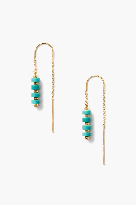 These lively thread-thru earrings feature stacked gold and turquoise heishi bead 'lanterns' on a delicate gold chain. 18k gold plated sterling silver. 1 1/4" Drop. Handmade in Vietnam. Lantern Earrings, Silver Threader Earrings, Raw Beauty, Heishi Beads, Chan Luu, Threader Earrings, Drop Earring, High Quality Jewelry, Jewelry Designs