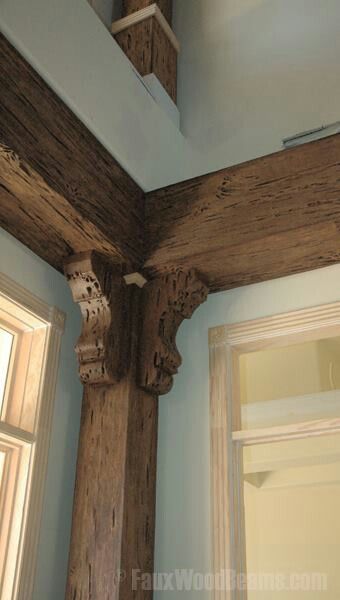 Fake Wood Ceiling, Fake Wood Beams, Beams Living Room, Pecky Cypress, House Flip, Fake Wood, House Trim, Support Beams, Faux Wood Beams