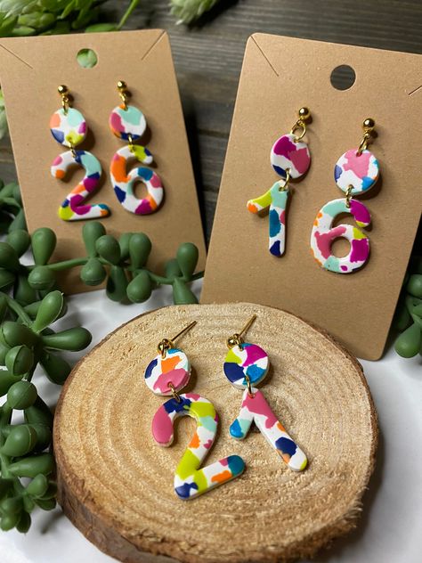 Polymer Clay Recipe, Number Earrings, Birthday Earrings, Birthday Look, Homemade Clay, Drawstring Gift Bag, Unique Photos, Polymer Clay Jewelry Tutorials, Handmade Clay Jewelry