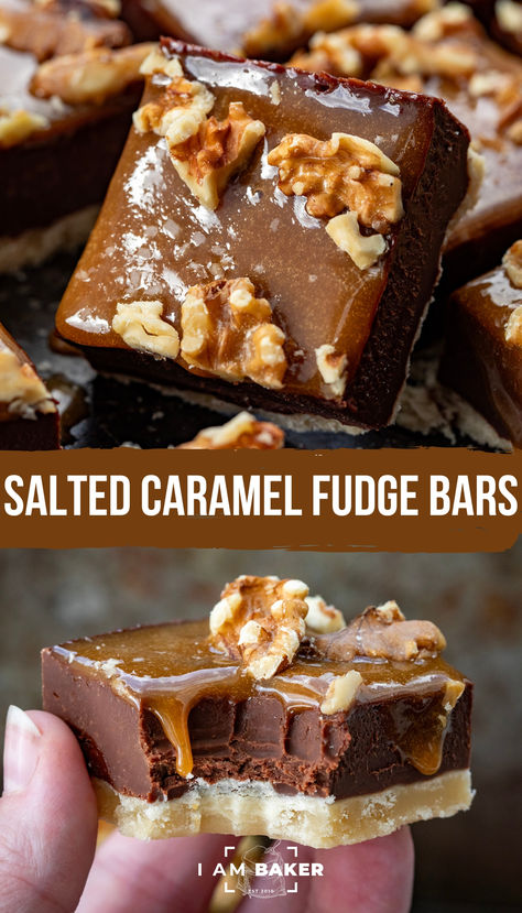 Salted Caramel Fudge Bars are a buttery shortbread crust topped with a layer of chocolate fudge, drizzled with caramel, and sprinkled with salt and walnuts. Salted Caramel Turtle Fudge Bars, Fudge Salted Caramel, Chocolate Caramel Fudge, Sweet Deserts, Easy Impressive Dessert, Easy Dessert Bars, Chocolate Caramel Cookies, Food Clay, Caramel Cookies Bars