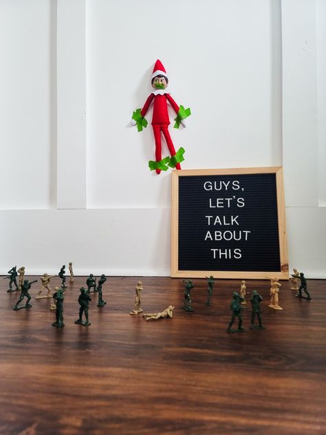 Elf On The Shelf Taped Up, Elf On The Shelf Army Men, Toy Army Men, Elf On The Shelf Funny, Elf Ideas Easy, Tooth Fairy Doors, Elf Door, Elf Kit, Awesome Elf On The Shelf Ideas