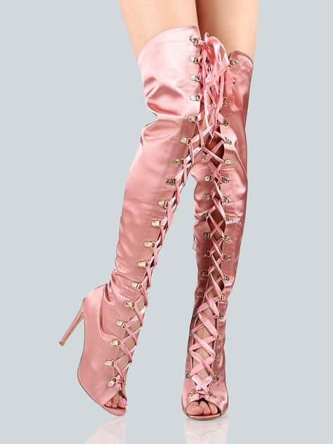 Pink Short Outfits, Pastel Boots, Pink Knee High Boots, Lace Up Thigh High Boots, Glow Outfits, Satin Boots, Outfits Character Design, Knee High Boots Uk, Knee Heels