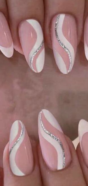 Cute Nail Designs Pink And White, Pink And Silver Nails Almond, Pink White Silver Nails, Nails To Match White Dress, White Silver Swirl Nails, Swirly Nail Designs Pink, Light Pink And Silver Nails Prom, Pink And Silver Swirl Nails, Pink And Silver Nail Designs