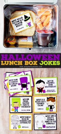 Free Printable Halloween Lunch Box Jokes at artsyfartsymama.com Halloween Books And Crafts, Halloween Lunch Ideas For Kids, Halloween Lunch Ideas, Halloween Lunch Box, Halloween Lunch, Lunchbox Jokes, Free Printable Halloween, Halloween Jokes, Lunchbox Notes