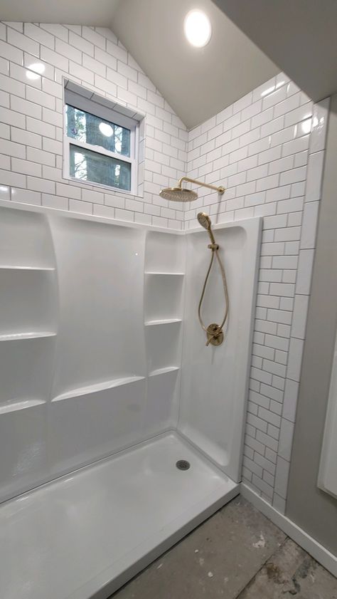 Bath Insert Ideas, Small Bathroom With Shower Insert, Tub And Shower Insert, Shower Insert With Tile Above, Surround Shower Ideas, Tile Around Shower Insert, Fiberglass Shower Insert Ideas, Tile Above Shower Insert, Tile Above Shower Surround