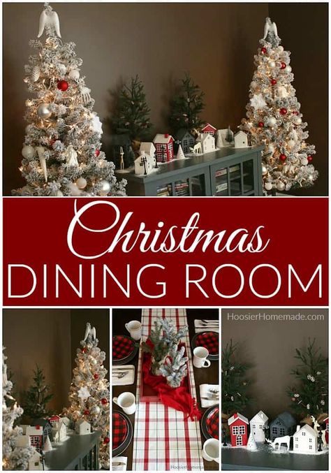 Dining Room Table Christmas Decor, Flocked Trees Decorated, Easy Holiday Diy, Flocked Trees, Christmas Vignettes, Christmas Dining Room, Cozy Fall Decor, Christmas Decorating Ideas, Halloween Front Porch