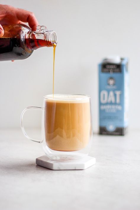 Creamy Maple Oat Milk Latte - a simple, sweet morning treat! (Vegan + Dairy-Free) #oatmilk #oatmilkrecipes #coldbrewrecipes #veganrecipes #breakfast #maplesyrup #mapleoatlatte #latte Calming Drinks, Homemade Maple Syrup, Wooden Skillet, Oat Milk Latte, Dairy Free Coffee, Sweet Morning, Minimal Life, Mango Smoothie, Breakfast Menu