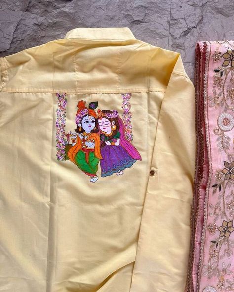 Radha Krishna paintings on dupatta, kurta, blouse back, babyshower outfits . . . #radhakrishnapainting Radha Krishna Fabric Painting, Krishna Fabric Painting, Fabric Painting On Blouse, Painting On Blouse, Radha Krishna Paintings, Blouse Back, Krishna Radha Painting, Krishna Painting, Radha Krishna