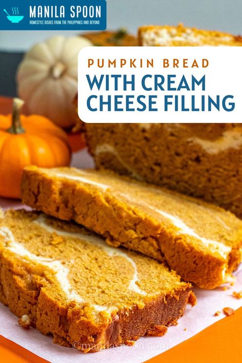 Indulge in the rich, autumnal flavors of our delicious Pumpkin Bread with Cream Cheese Filling. A moist, perfectly spiced pumpkin loaf with a decadent cream cheese swirl – this tried and tested recipe is the answer to all your fall sweet cravings. Bread With Cream Cheese Filling, Pumpkin Bread With Cream Cheese, Pumpkin Cream Cheese Bread, Best Pumpkin Bread Recipe, Crumb Cakes, Bread With Cream Cheese, Cream Cheese Bread, Pumpkin Bread Easy, Pumpkin Cream Cheese