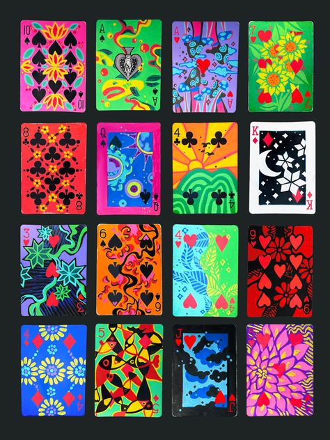 Playing cards pop art hand painted design Artist Playing Cards, Cool Card Decks, Deck Of Cards Art Projects, Art On Playing Cards, Playing Card Art Project, Painting Deck Of Cards Ideas, Handmade Playing Cards, Hand Painted Playing Cards, Painted Card Deck