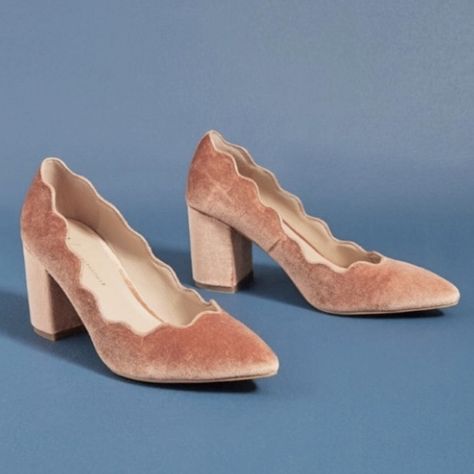 Size 7 (Fits Like Us 6.5) Blush Htf Anthropologie Scalloped Velvet Heels. As Holiday Festivities Approach, Opt For Statement Shoes That Suit Both The Work Week And Weekend Fun. Featuring A Playfully Scalloped Edge, This Velvet Pair Looks Divine With Office-Appropriate Trousers Or With Your Favorite Party Dress. Note: Some Imperfections In The Velvet, See Photos. Also Line In Velvet On The Back Left Heel. Nib. - Velvet Upper - Leather Insole, Sole - Velvet-Wrapped Heel - Slip-On Styling Dimension Leopard Loafers, Fur Heels, Statement Shoes, Color Block Heels, Velvet Pumps, Velvet Shoes, Anthropologie Shoes, Velvet Heels, Statement Shoe