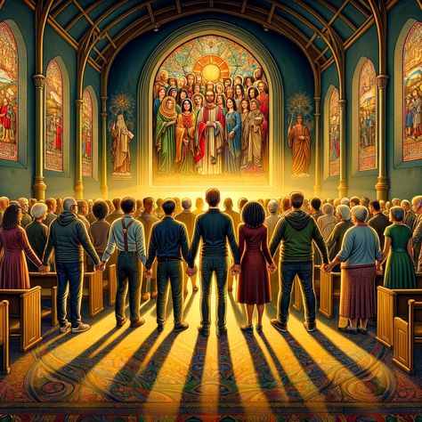 An illustration depicting a diverse group of people from various backgrounds and traditions, standing together in a church setting. They are holding hands, symbolizing unity and solidarity, with a warm, golden light shining through stained glass windows, casting colorful patterns on the walls and floor. The image conveys a strong sense of connection and community, representing the affirmation... Unity Pictures, Unity Image, Unity Drawing, Diverse Group Of People, People Holding Hands, Connection With God, Church Community, Church Images, Medical School Inspiration