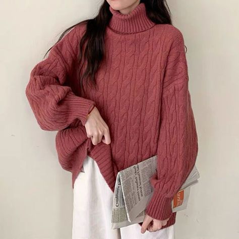 Zipper Outfit, Knitted Turtle, Winter Korean Fashion, Sweatshirt Women Casual, Loose Turtleneck, Loose Pullover Sweater, Oversized Sweater Women, Shiny Pants, Korean Streetwear