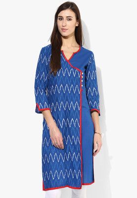 Angrakha Style Half N Half Straight Length Kurta With 3/4Th Sleeves Look graceful and iconic wearing this blue kurta by Sangria. Featuring a striking pattern on the yoke and a split neckline with contrast coloured taping, this Angrakha-style kurta will surely put you in the limelight. Team this cotton kurta with churidar and wedges to stand out from the crowd. http://jbo.ng/C45eyiW Angrakha Style Kurti Straight, Angrakha Style Kurti, Angrakha Kurti, Kurti Pattern, Kurti Styles, Baggy Dresses, Angrakha Style, Blue Kurta, Kurti Patterns