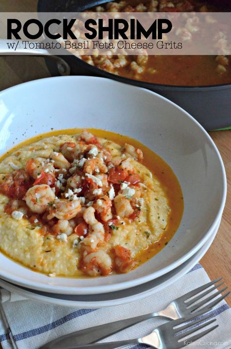 Make this easy weeknight recipe of Rock Shrimp with Tomato Basil Feta Cheese Grits in less than 30 minutes! Small Batch Dinner, Southern Comfort Food Recipes, Pescetarian Meals, Seafood Brunch, Pescetarian Diet, Rock Shrimp, Cheese Grits, Dinner For 2, Cooking Chicken