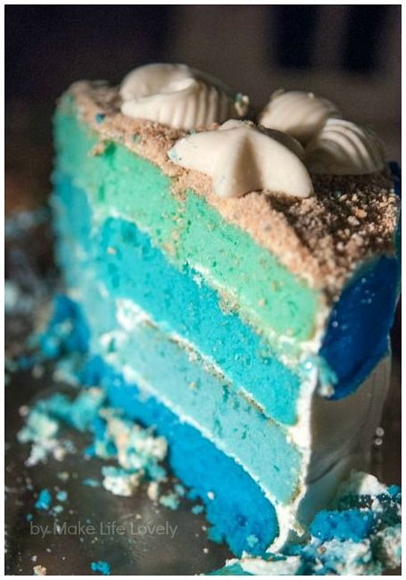 Create a sea themed party cake with different colored cake layers, and brown sugar sprinkled on top of the frosting! Tårta Design, Ocean Birthday Party, Pastel Cupcakes, Ocean Birthday, Beach Cakes, Torte Cupcake, Moana Birthday, Sea Birthday Party, Mermaid Cakes