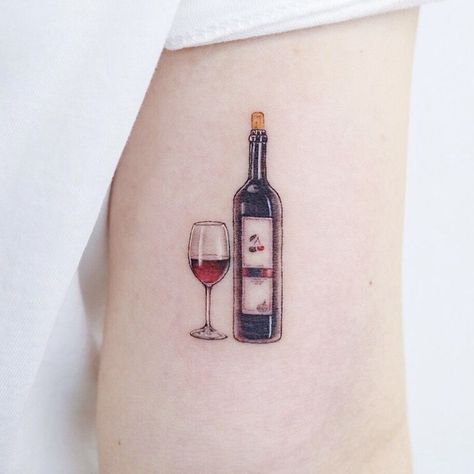 Watercolor Tattoos For Women, Wine Glass Tattoo, Small Watercolor Tattoo, Wine Tattoo, Glass Tattoo, Vintage Tattoos, Tattoo Diy, Bottle Tattoo, Small Watercolor