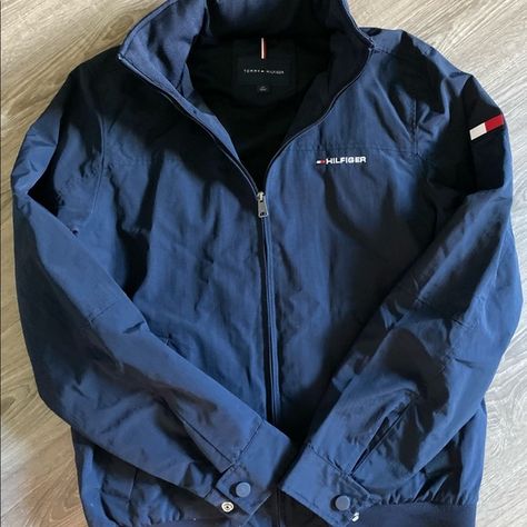 Mens Tommy Hilfiger Yacht Full Zip Solid Navy Jacket; Optional Hood in Collar Lake Homes, Flag Embroidery, Khaki Jacket, Tommy Hilfiger Logo, Tommy Hilfiger Jackets, Navy Jacket, Dark Navy Blue, Rain Jacket, Tommy Hilfiger