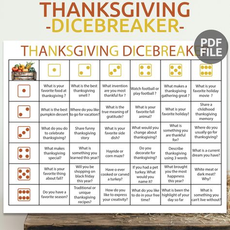 Thanksgiving Table Talk Dice Game | Thanksgiving Table Game | Thanksgiving Icebreaker Game | Fun Thanksgiving Game | Party Starter Games Thanksgiving Icebreaker Games, Thanksgiving Table Talk, Thanksgiving Table Games, Thanksgiving Ice Breakers, Thanksgiving Classroom Activities, Fun Thanksgiving Games, Thanksgiving Worksheets, Thanksgiving Classroom, Easy Table