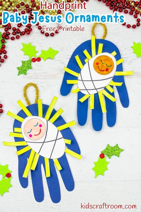 This Handprint Baby Jesus Ornament Craft is so adorable! This Christmas craft is really easy to make with the free printable template. Hang them as ornaments on your Christmas tree or glue them onto cardstock to make Baby Jesus Christmas Cards. #kidscraftroom #kidscrafts #Christmascrafts #ornaments #jesuscrafts #nativitycrafts #babyjesus Baby Jesus Ornament Craft, Jesus Christmas Crafts, Religious Christmas Crafts, Baby Jesus Craft, Christian Christmas Crafts, Toddler Ornaments, Baby Jesus Ornament, Christmas Sunday School, Jesus Crafts