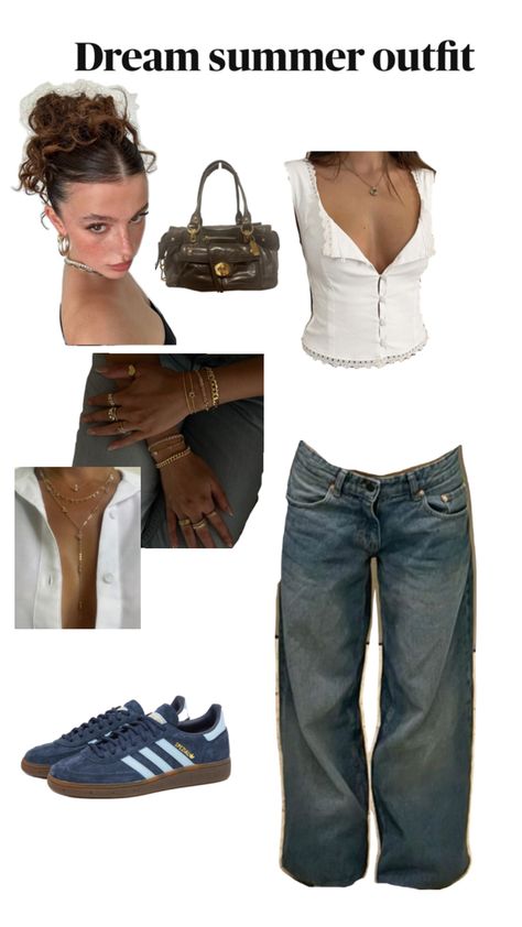 White Top, Baggy Jeans, Sleek Messy Curly Bun & Blue Adidas Sneakers Baggy Jeans Summer Outfit, Sleek Messy Bun, Jeans Summer Outfit, Jeans Summer, Cool Outfit, Cool Summer, Blue Adidas, Summer Day, Messy Bun