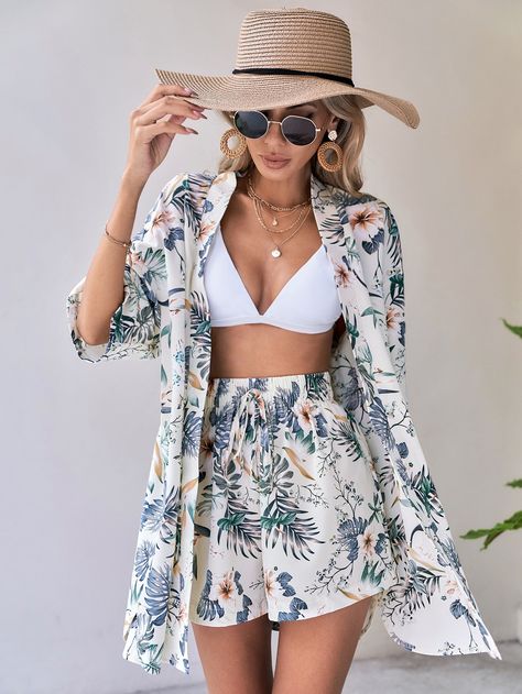 Apricot Boho Collar Three Quarter Length Sleeve  Tropical  Embellished Non-Stretch  Women Clothing Cabo Outfits, Beach Outfits Women Vacation, Beach Holiday Outfits, Casual Chic Fall, Holiday Outfits Summer, Vacation Outfits Women, Beach Party Outfits, Tropical Outfit, Island Outfit