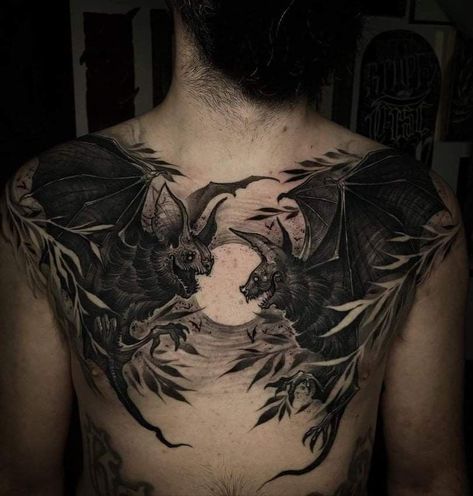 Bats And Skulls Tattoo, Bat Torso Tattoo, Back Tattoo Women Goth, Demonic Back Tattoo, Occult Chest Tattoo, Vampire Back Tattoo, Gothic Chest Tattoo Men, Dark Chest Tattoos For Women, Dark Shoulder Tattoo