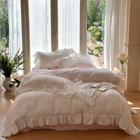 French Pink White Floral Ruffle Bedding Bundle Light Pink Floral Bedding, Vintage Pink Bedding, Ruffle Bedding Aesthetic, Shabby Chic Beds, French Bedding, Happy Bedroom, Classic Duvet Covers, Ideas Habitaciones, Stylish Bedding