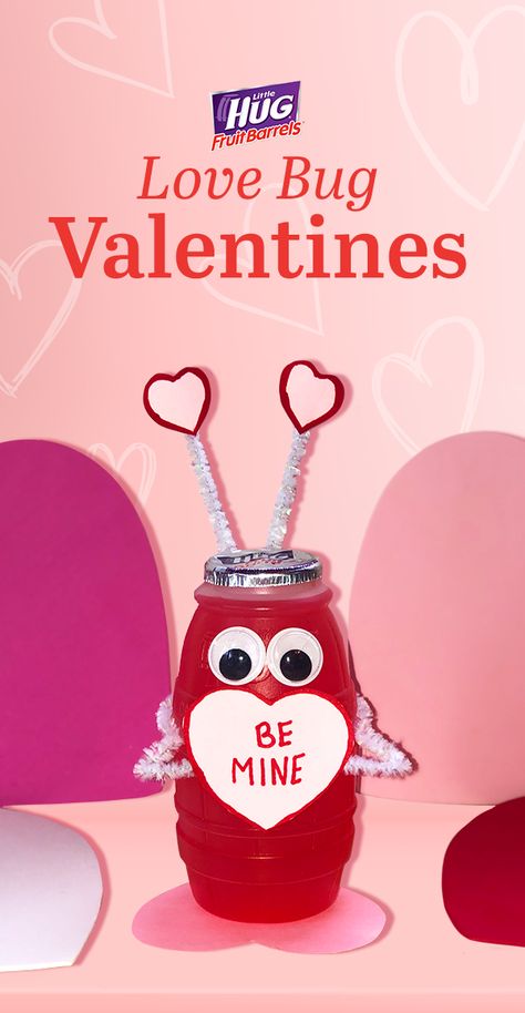 These Little Hug® Love Bug Valentines are an adorable alternative to store-bought cards. Customize your love bugs with anything you have on hand including pipe cleaners, construction paper, stickers, ribbon, googly eyes, etc. Use tape or non-toxic glue to attach your features to any color Little Hug Fruit Barrels®. Have the kids add personalized messages and hand out to their friends and family this Valentine’s Day. Bug Valentines, Toddlers Activities, Love Bug, Pipe Cleaners, Googly Eyes, Construction Paper, Hugs And Kisses, Love Bugs, Valentines For Kids