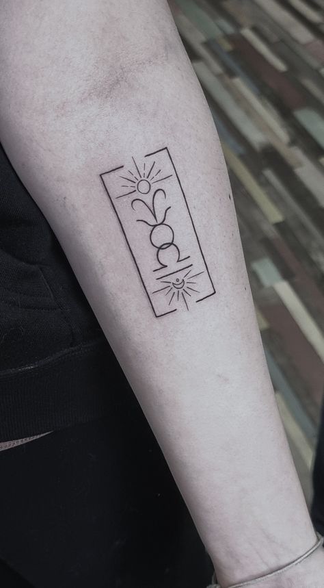 Horoscope tattoo of Aries Sun, Taurus Moon and Libra Rising in minimalist line art design Sun Rising Moon Sign Tattoo, Sun Moon And Rising Sign Tattoo, Rising Sun And Moon Tattoo, Aries Rising Tattoo, Big Three Zodiac Tattoo, Rising Sign Tattoo, Libra Taurus Tattoo, Scorpio Rising Tattoo, Sun Moon And Rising Tattoo