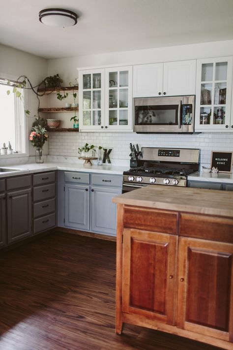 Transform your kitchen with DIY painted cabinets — Liz Morrow Galley Kitchen Cabinets, Ikea Headboard, Two Toned Kitchen Cabinets, Two Tone Kitchen Cabinets, Condo Kitchen, Two Tone Kitchen, Green Kitchen Cabinets, Oak Kitchen Cabinets, Galley Kitchen