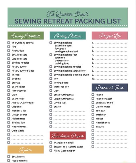 Retreat Packing List, Sewing Retreats, Sewing Station, Travel Packing Checklist, Quilt Retreat, Sewing Machine Feet, Sewing Essentials, Small Scissors, Sewing Machine Needles