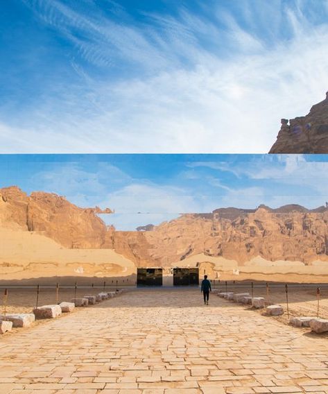 mirrored concert hall appears as a giant mirage in the desert landscape of saudi arabia Mirror Architecture, Concert Hall Architecture, Dubai Skyscraper, Walt Disney Concert Hall, Outdoor Concert, Cultural Architecture, Structure Architecture, المملكة العربية السعودية, Zaha Hadid