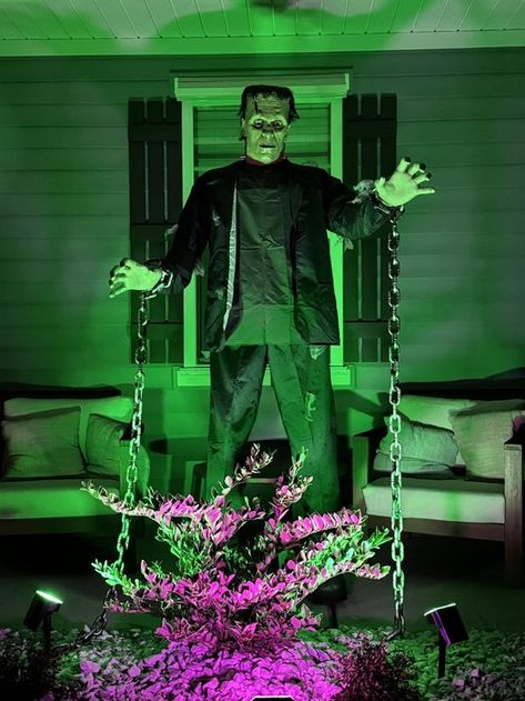 Frankenstein monster tied in chains. Halloween Yard Display. Photo by: Dustin Raney (Facebook) Frankenstein Yard Decorations, Halloween Yard Displays, Frankenstein Monster, Halloween Props Diy, Skeleton Decorations, Spooky Halloween Decorations, Frankenstein's Monster, Yard Decorations, Halloween Yard