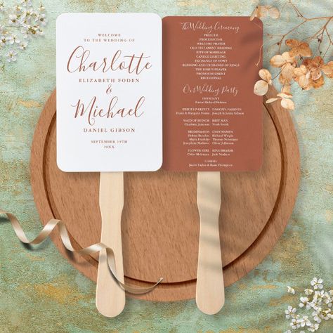 Elegant Script Terracotta Wedding Program Hand Fan Fall Wedding Terracotta, Wedding Terracotta, Typography Minimalist, Program Wedding, Program Fans, Terracotta Wedding, Wedding Program Fans, Wedding Fans, Personalised Wedding Invitations